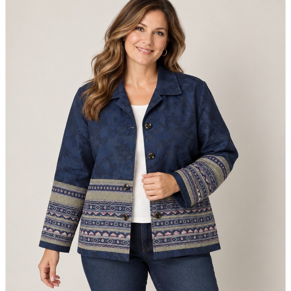 Coldwater Creek Jacket Women Large Blue Jacquard Tapestry Border Button Front